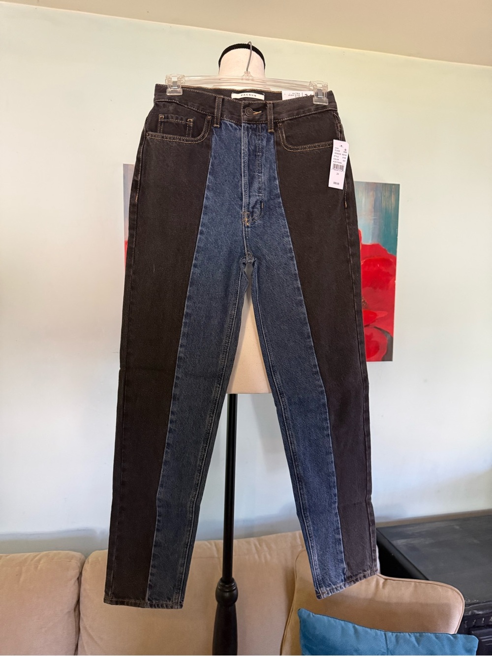 NEW PacSun Ultra High Rise Slim Jeans size 24 0 Black/Blue Colorblock Acid 0106